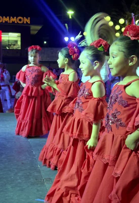 Cuatro niñas de perfil, con flores rojas en el cabello, esperan su entrada con las manos en la pollera.